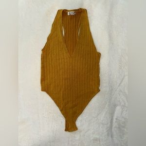NEW Free People Intimately Small Medium Deep V Neck Bodysuit Onesie One Gold